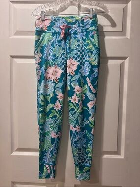 Lilly Pulitzer Teal Floral Drawstring Leggings with Pink & Green